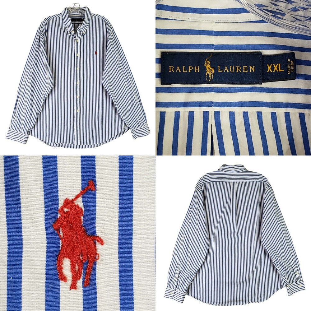 Polo Ralph Lauren Button Down Shirt Oxford Mens XXL Blue White Striped LS